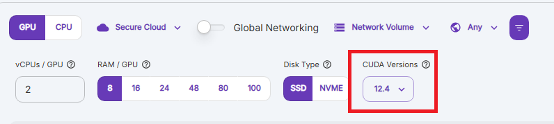 RunPod CUDA selection